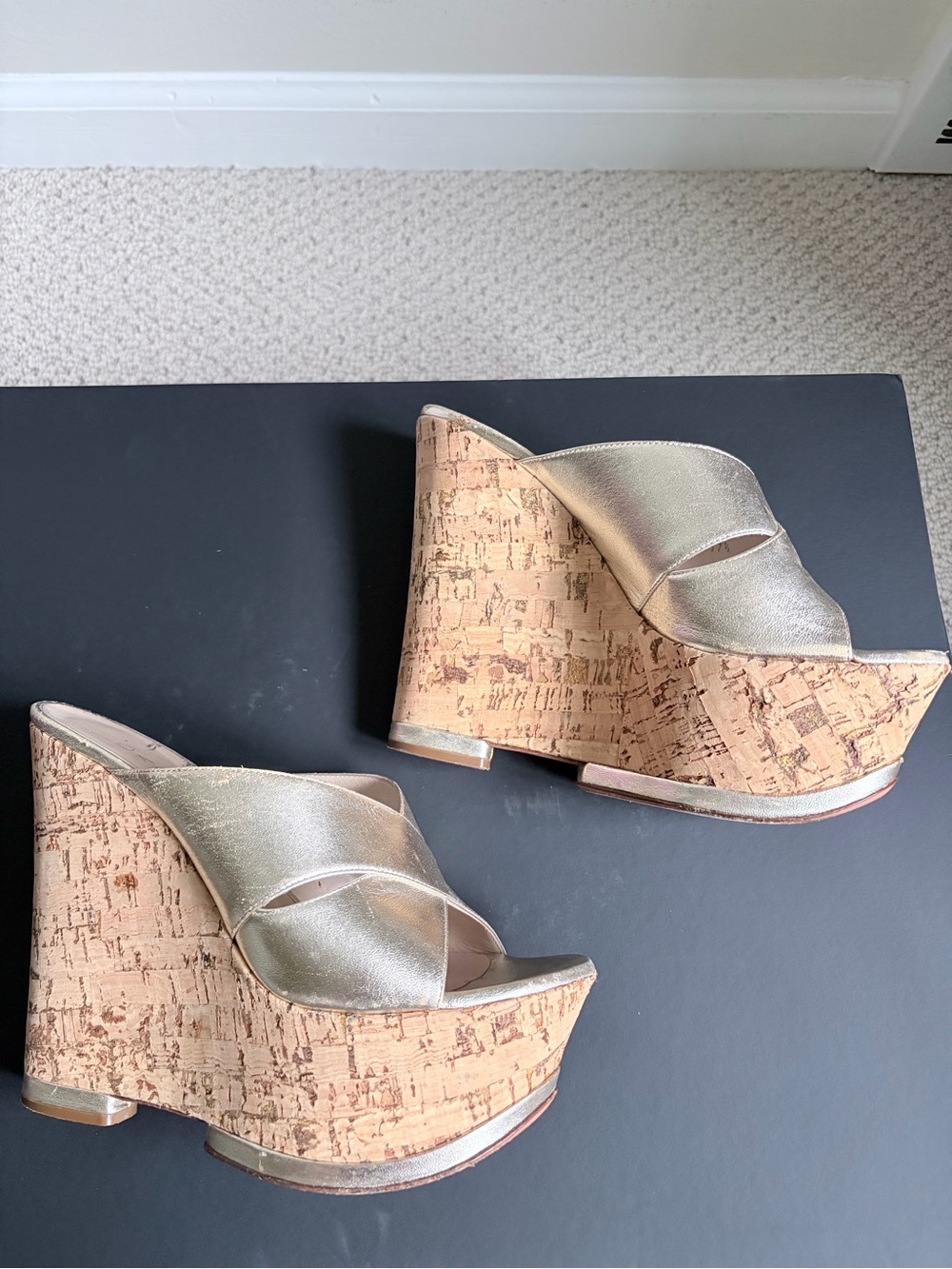 Casadei Champagne Gold Cork Platform Wedge Mules Size 7.5
